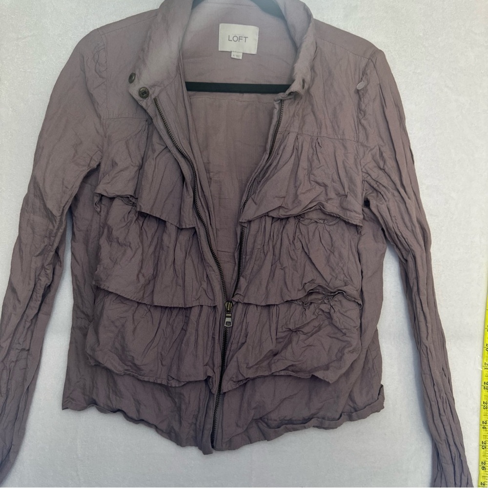 LOFT Ruffle Tiered Jacket Women Size 8 Mauve Taupe Metallic Cotton Full Zip Boho